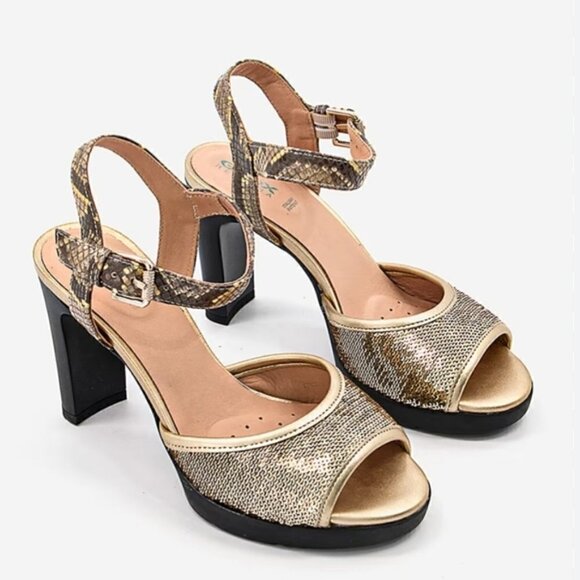 Geox D Annya High Gold Ochre Open Toe Sandal 37.5  7.5 NEW UNWORN - Picture 1 of 12